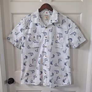 Ruff Hewn Men's White Navy Short Sleeve Fish Print Button Up Cotton Blend Shirt
